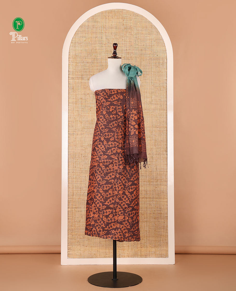 Maroon chudidhar material, leaf batik-print bhagalpuri cotton top,contrast batik-print bottom & dual-color printed mul-mul dupatta