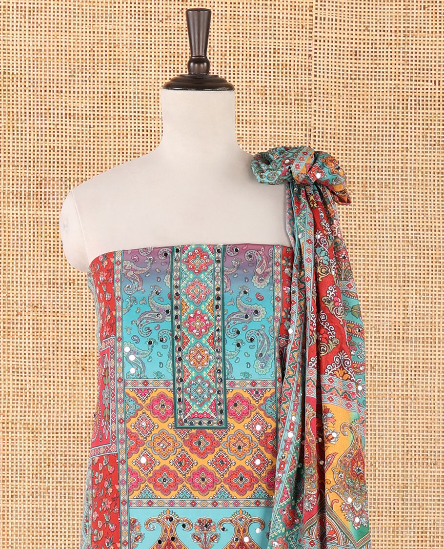 Peacock green crepe masakali material chudidar set,geometric print & mirror embroidery top,plain bottom & multi-color geometric print & mirrorwork dupatta