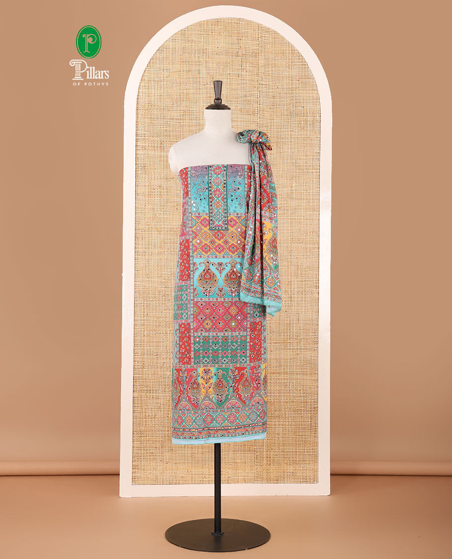 Peacock green crepe masakali material chudidar set,geometric print & mirror embroidery top,plain bottom & multi-color geometric print & mirrorwork dupatta