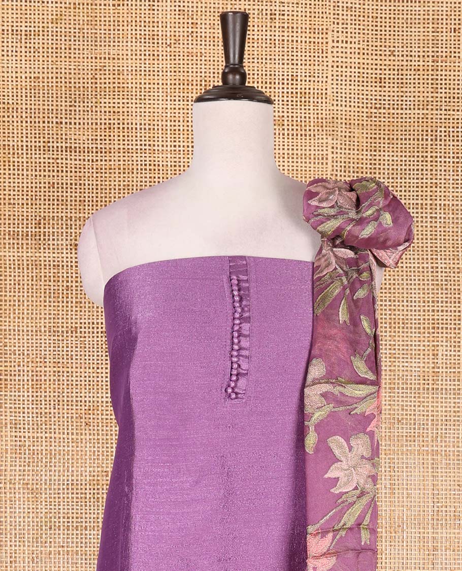 Lavender material chudidar set, plain with fancy thermacol balls neck work Vichitra top, cotton bottom, and floral printed dupatta