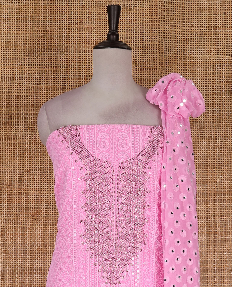 Pink material churidar set, stone work with Schiffli style embroidered georgette top, American Crape bottom, and polka dotted printed mirror work dupatta