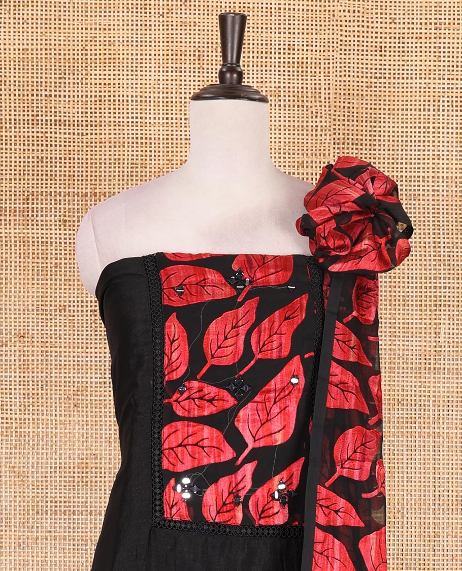 Black and red material churidar set, neck leaf print with mirror work Vichitra silk top, plain santoon bottom, and leaf printed shimmer georgette dupatta