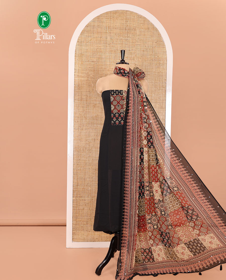 Black Material Chudidhar Set, Accentuated with Ajrakh-Style Print and Mirror Work Fox Georgette Top, Santoon Plain Bottom, and Georgette Dupatta of Ajrakh Print and Mirror Work