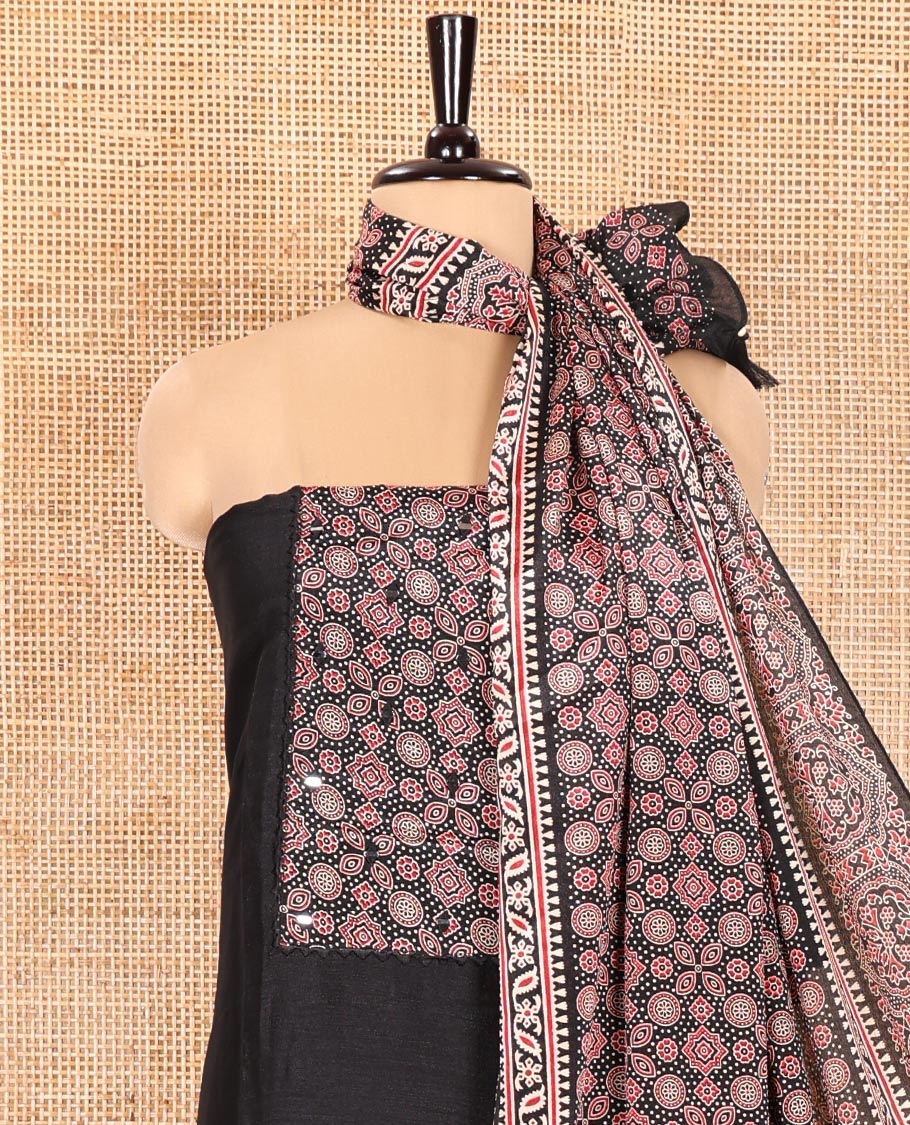 Black Material Chudidhar Set, Embellished with Ajrakh Patch Work and Mirror Work, Vichitra Silk Top, Plain Santoon Bottom, and Chinon Silk Dupatta Featuring Intricate Ajrakh Prints