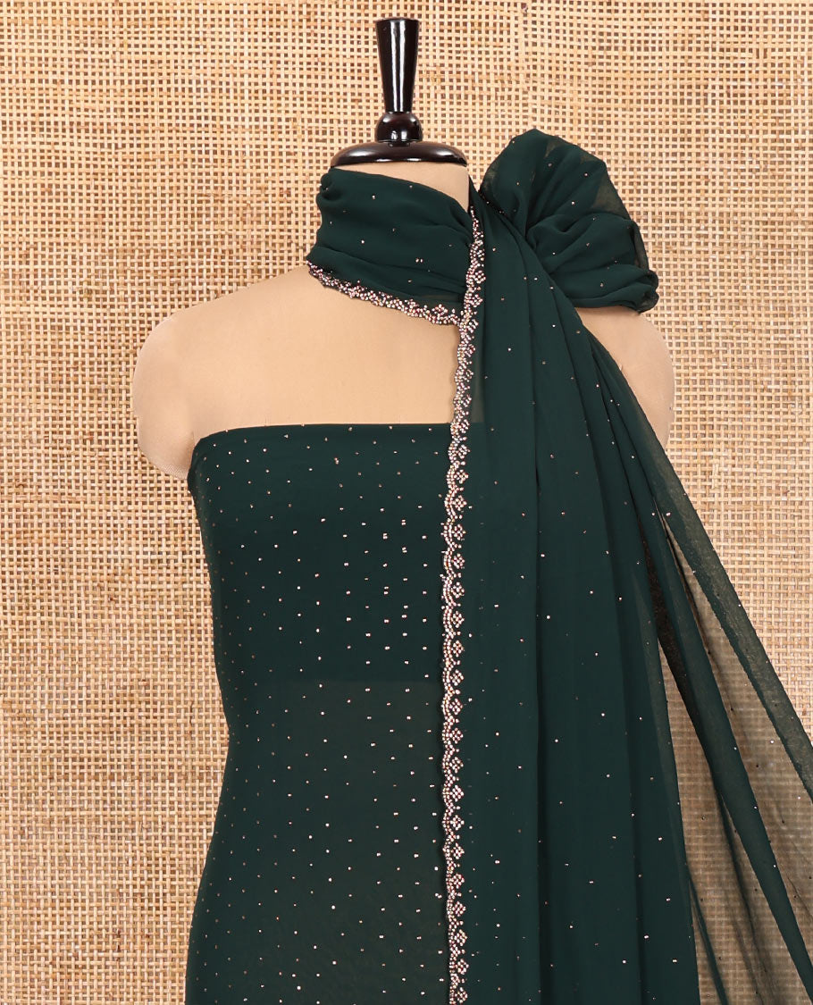 Green Material Churidar Set, Swarovski Stone Work Fox Georgette Top, Comes with a Plain Santoon Bottom, and a Scallop Swarovski Stone Work Fox Georgette Dupatta
