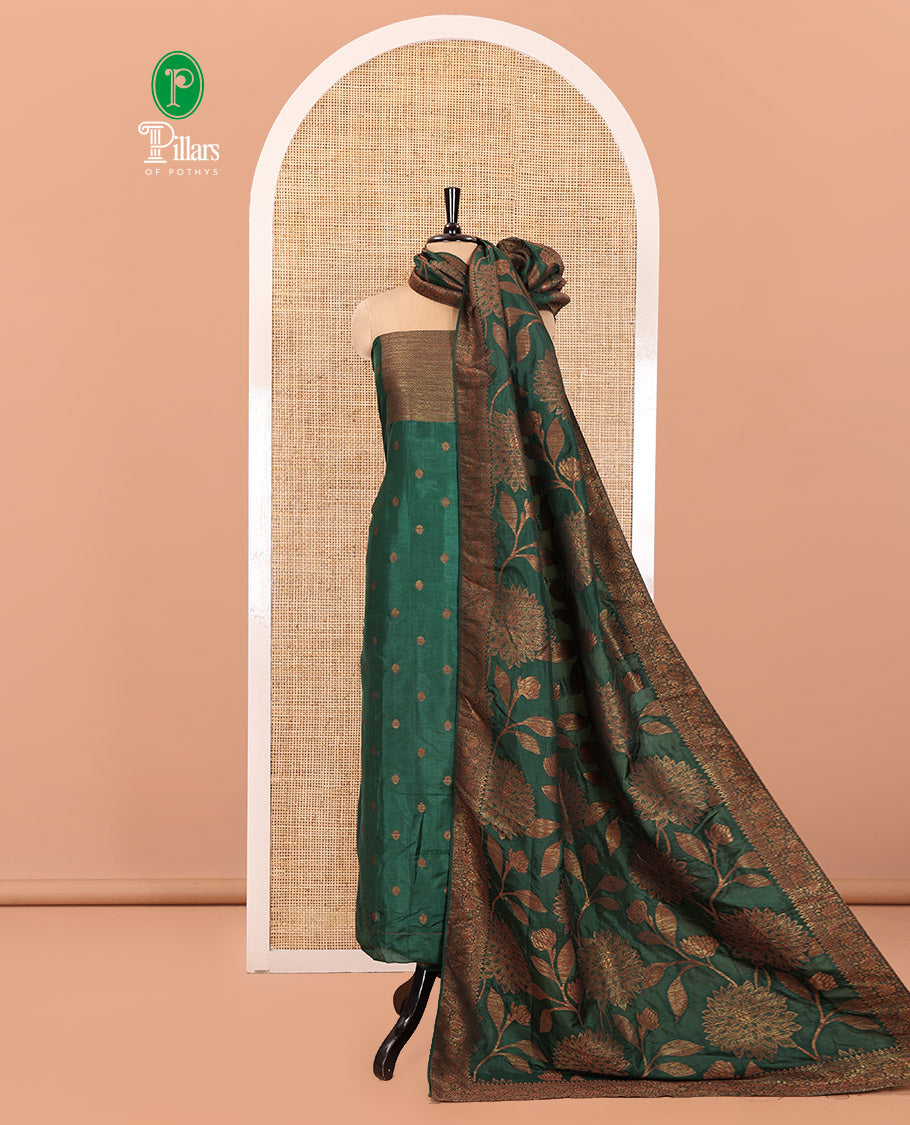 Green Material Churidar Set, Adorned with Zari Buttas Woven on Its Semi-Silk Top, Comes with a Plain Santoon Bottom, and a Semi-Silk Floral Jaal Zari Jacquard Dupatta