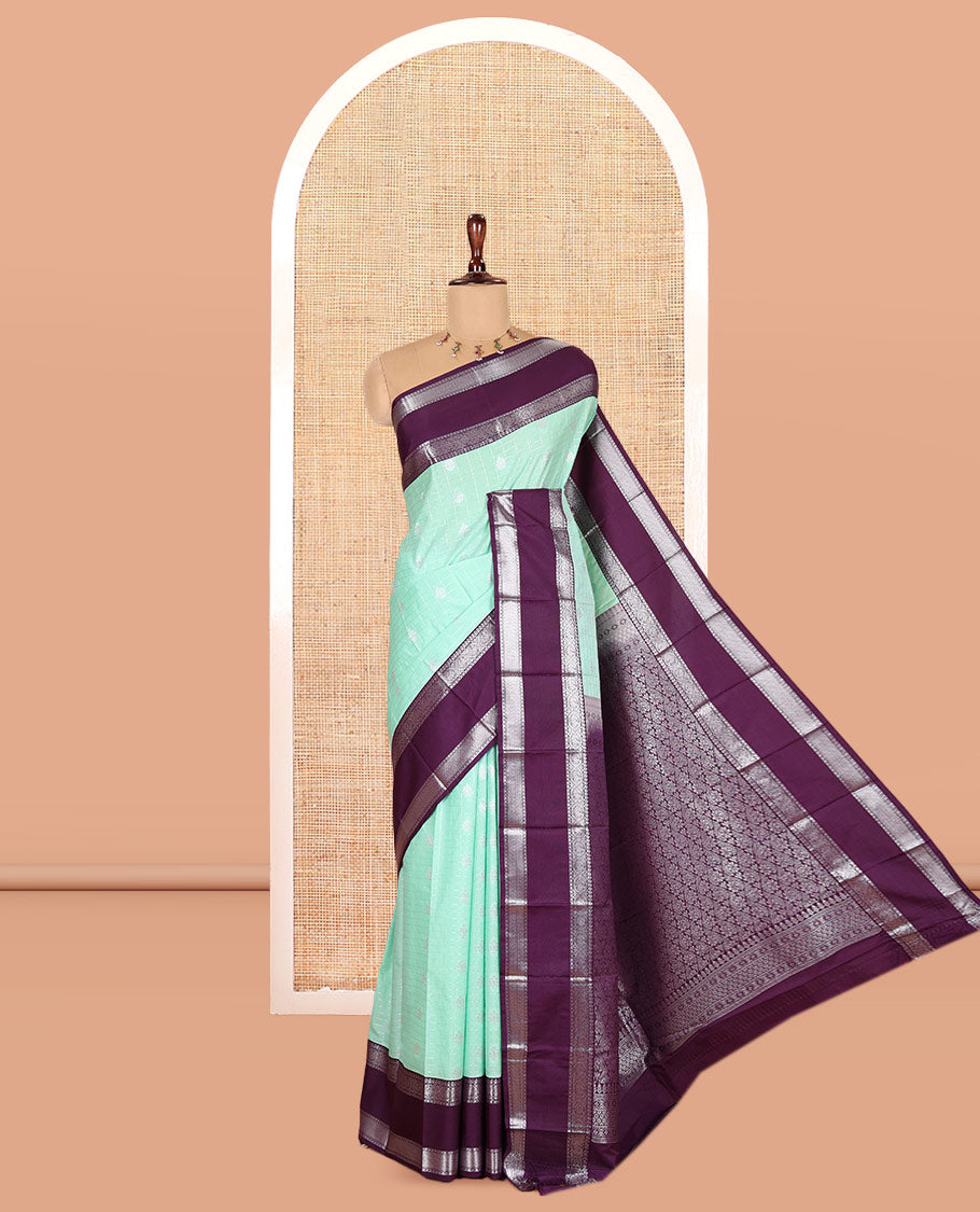 Apple Green-Dark Purple Zari Checked Budget Silk Saree, Contrast Traditional Border, Intricate Pallu, and Contrast Blouse