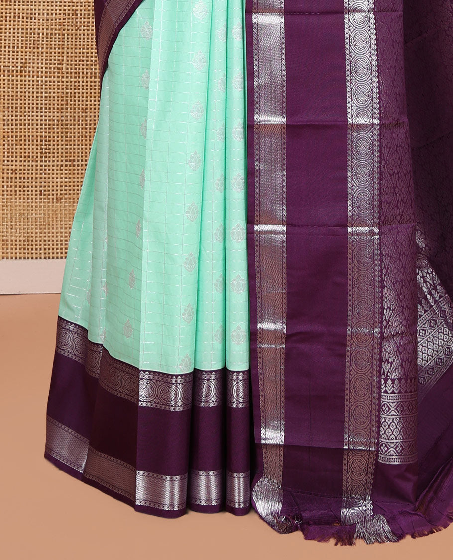 Apple Green-Dark Purple Zari Checked Budget Silk Saree, Contrast Traditional Border, Intricate Pallu, and Contrast Blouse