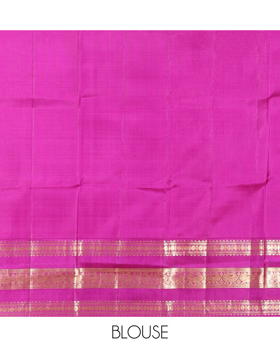 Yellow Vasundhara Silk Saree Finely Woven with Zari Buttas, Complemented with Varisai Pettu Border Featuring Rekku, Muthu, Banaras, Rudraksham, and Mayil Designs, Majestically Zari-Woven Pallu, and a Contrast Blouse