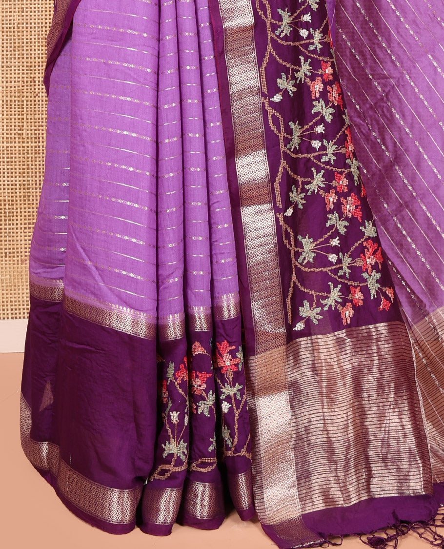 Lavender Assam Silk Saree Featuring Horizontal Zari Stripes, Contrast Floral Embroidered Border, Zari Striped Pallu, and a Contrast Blouse