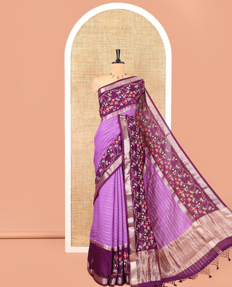 Lavender Assam Silk Saree Featuring Horizontal Zari Stripes, Contrast Floral Embroidered Border, Zari Striped Pallu, and a Contrast Blouse
