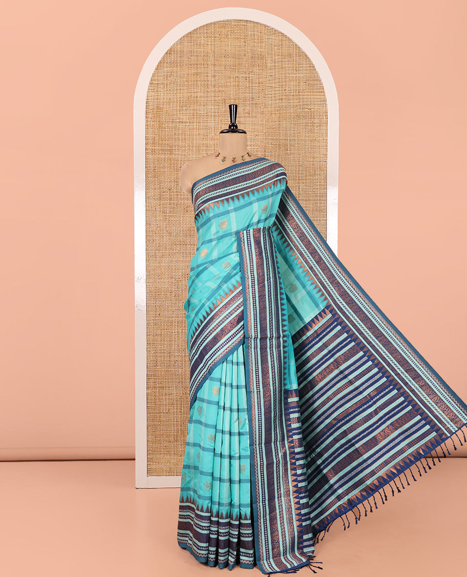 Rama Blue Litchi Chettinad Saree Features Zari Design, Contrast Traditional Border, Contrast Blouse