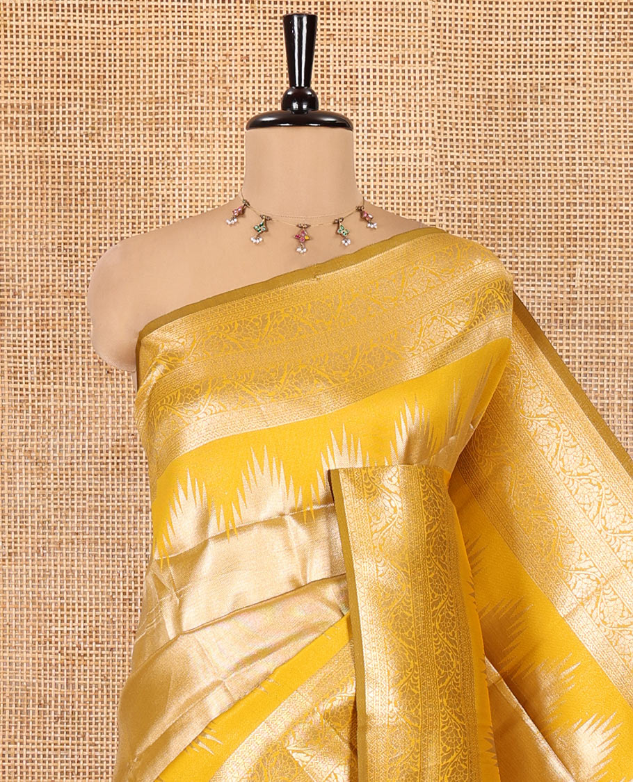 Mustard Litchi Saree Features Tissue-Zari Weave, a Temple Kodi Visiry Border, Grand Pallu and a Matching Blouse