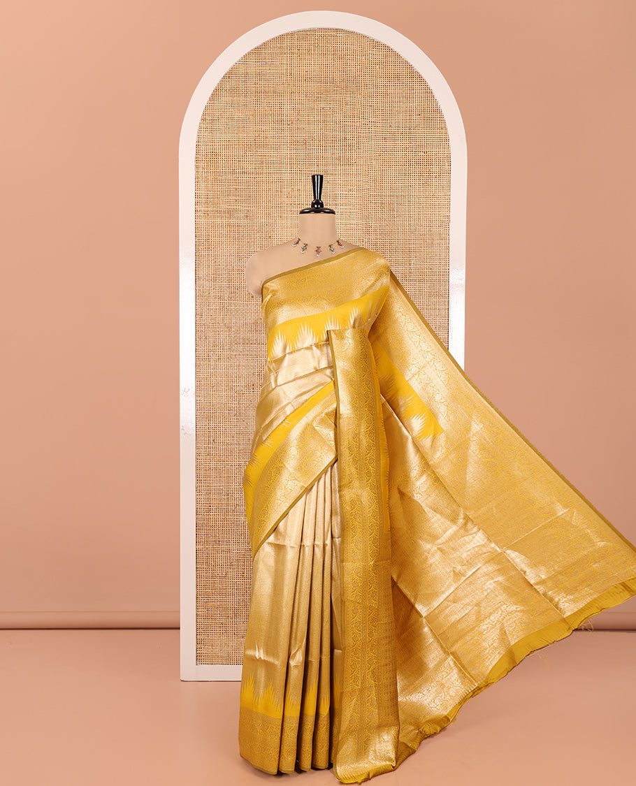 Mustard Litchi Saree Features Tissue-Zari Weave, a Temple Kodi Visiry Border, Grand Pallu and a Matching Blouse