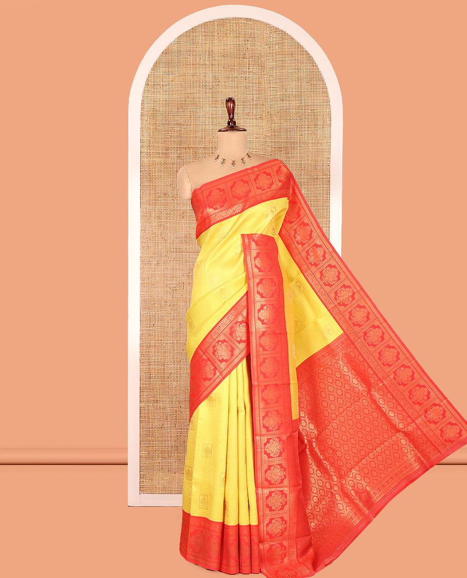 Yellow Litchi Saree, Embellished with Zari Buttas and Zari Checks, Complemented by a Contrast Intricate Zari Border, Jaal Pallu, a Contrast Blouse