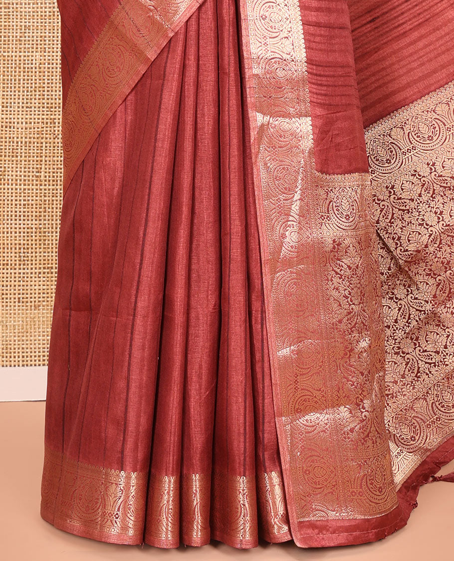 Brown Fancy Tussar Saree, Intricate Border, Grand Pallu, a Contrast Printed Blouse, Matching Brocade Blouse