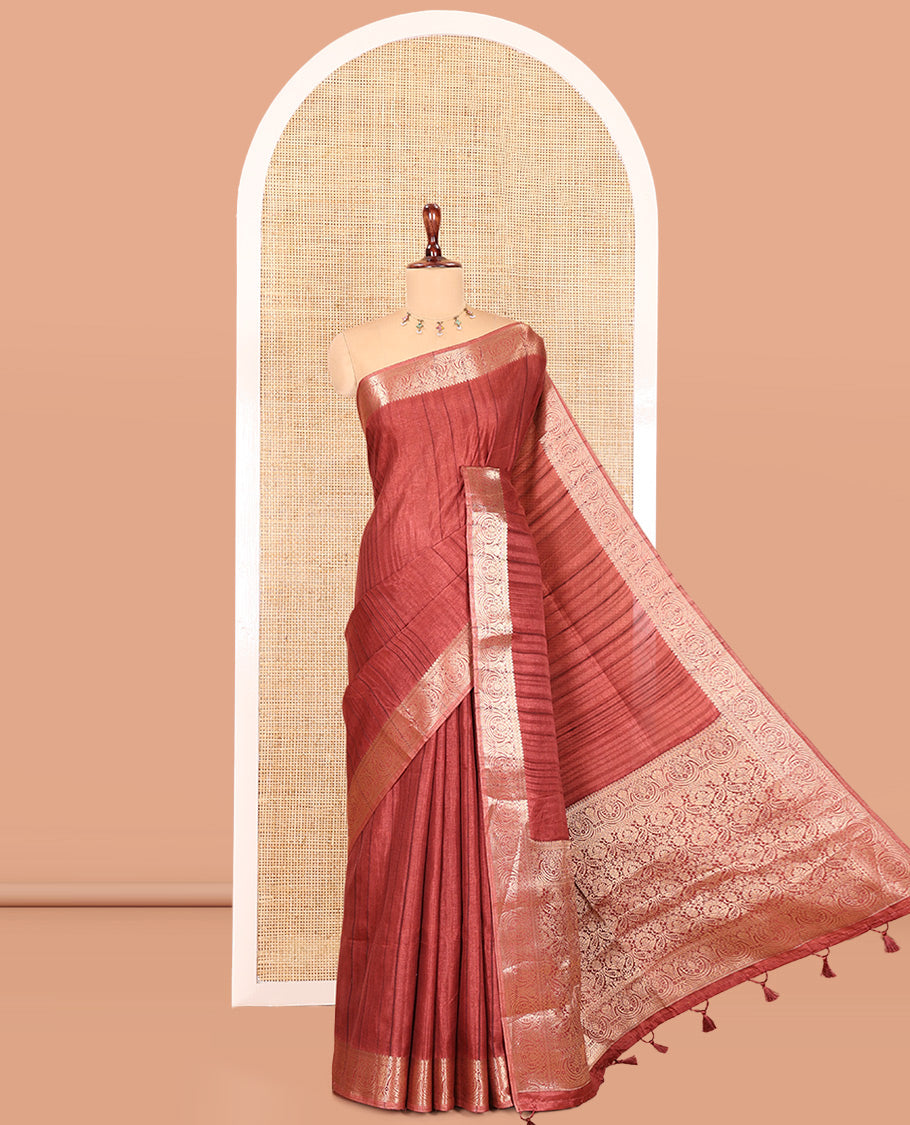 Brown Fancy Tussar Saree, Intricate Border, Grand Pallu, a Contrast Printed Blouse, Matching Brocade Blouse