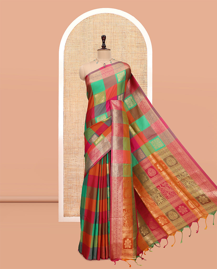 Multi-Color Palum Pazhamum Checked Fancy Soft Silk Saree, Elevated with Zari Buttas, a Zari Border, Rich Pallu, a Matching Blouse