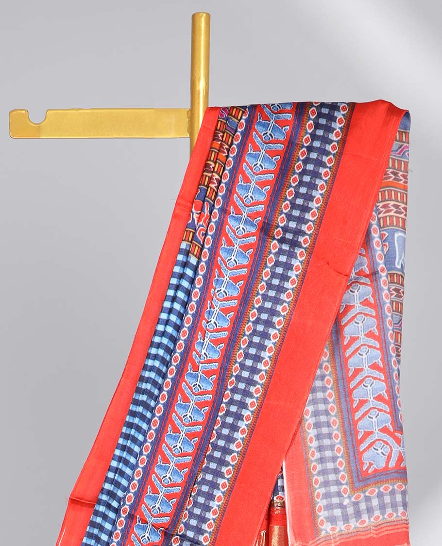 Blue checked design semi-banaras printed saree with contrast geometric border & animal, geometric design pallu