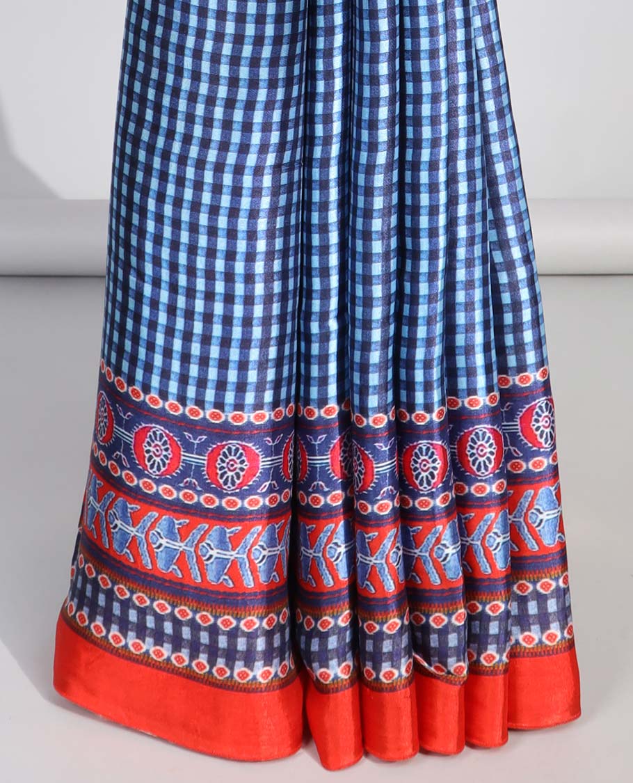 Blue checked design semi-banaras printed saree with contrast geometric border & animal, geometric design pallu