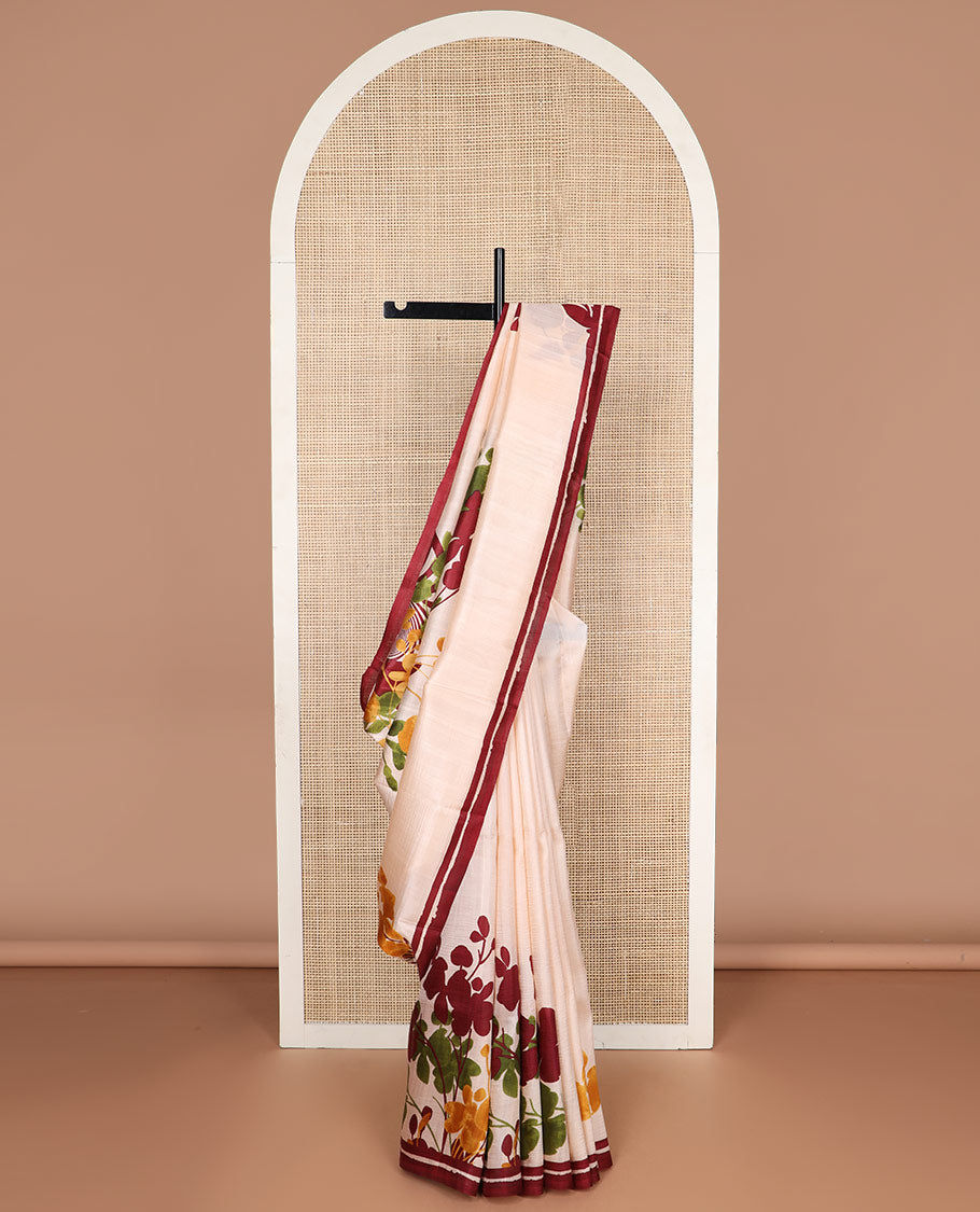 Cream floral design printed silk saree with contrast border