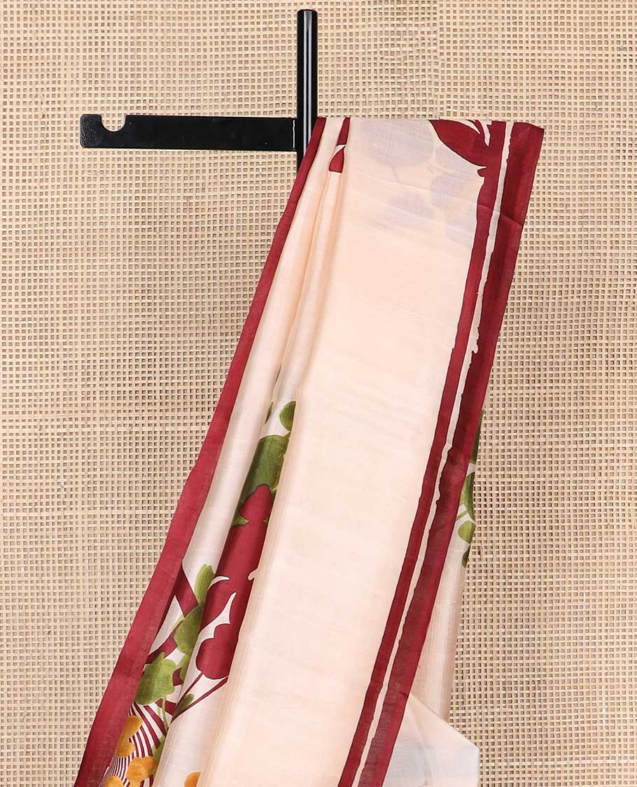 Cream floral design printed silk saree with contrast border