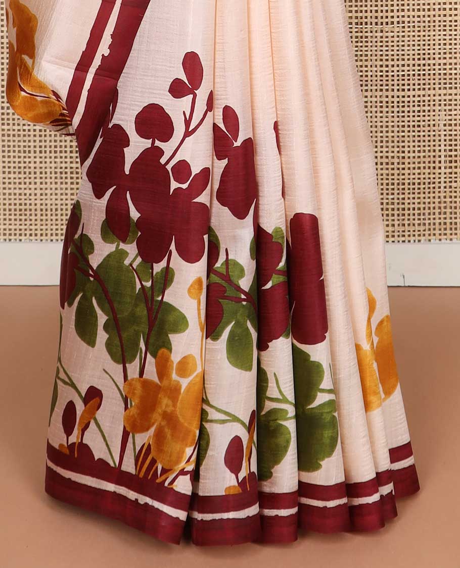 Cream floral design printed silk saree with contrast border