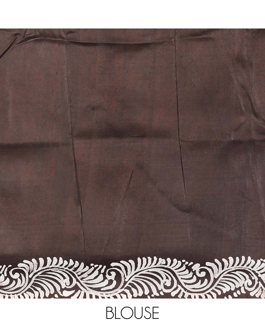 Borderless brown printed silk saree with painting-style triangle, spiral, floral & kathak motifs