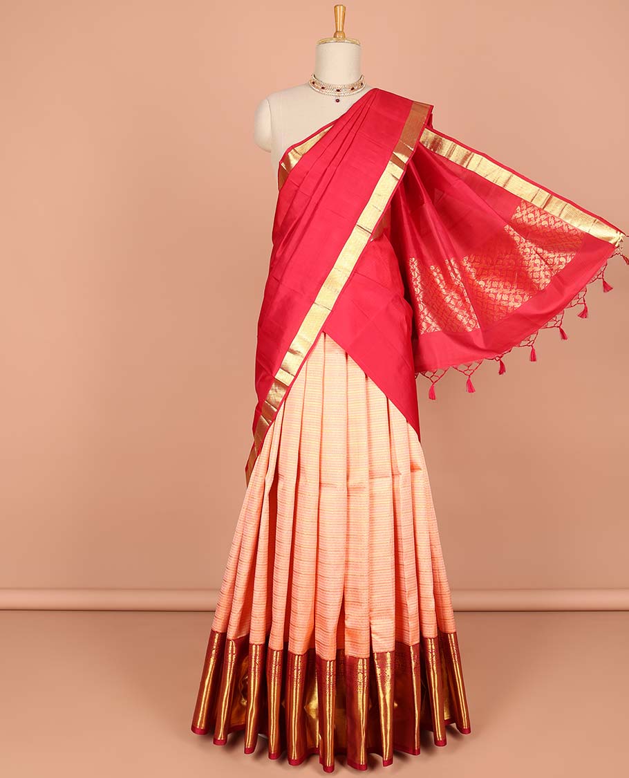 Peach floral striped design pure silk half saree with contrast zari design, zari design blouse & intricate floral design dhavani