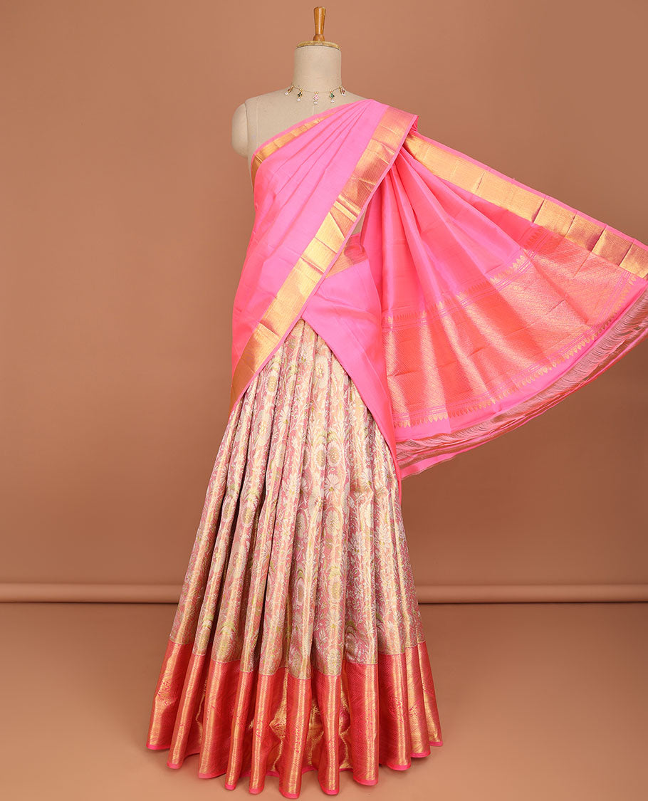 Light pink floral jacquard pure silk half saree with contrast intricate zari design border, zari design blouse & floral zari design dhavani