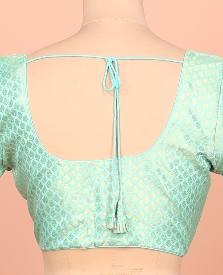 Green Readymade Blouse Featuring Jacquard Design, a Front Round-Neck, Back Round-Neck, and Elbow Sleeves