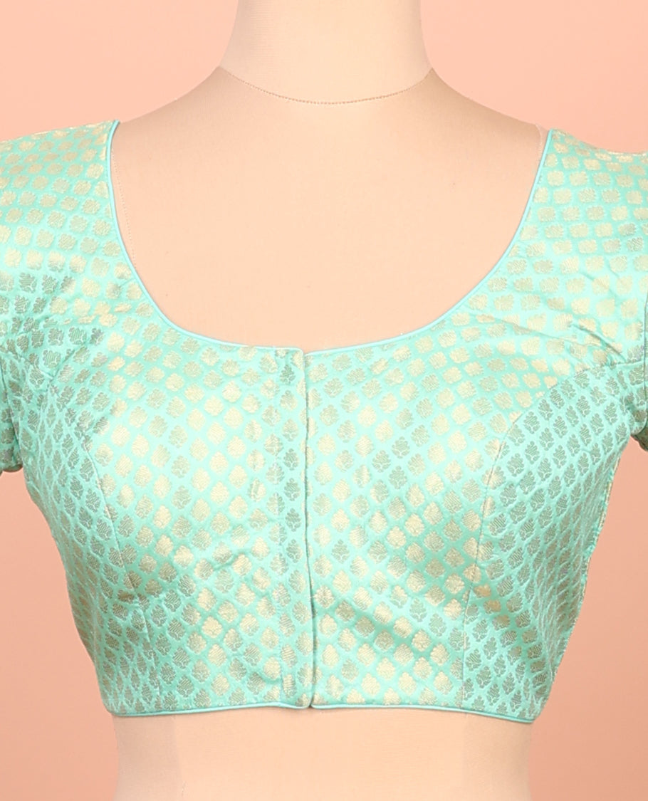 Green Readymade Blouse Featuring Jacquard Design, a Front Round-Neck, Back Round-Neck, and Elbow Sleeves