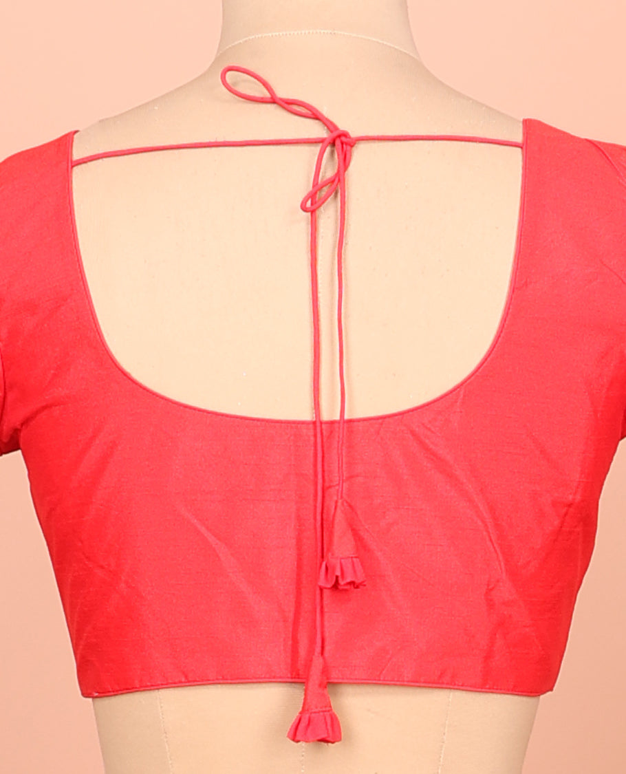 Red Plain Readymade Blouse Featuring a Front Round-Neck, Back Round-Neck, and Elbow Sleeves