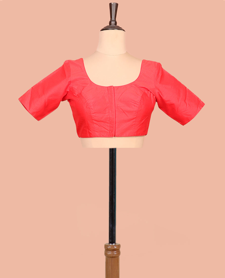 Red Plain Readymade Blouse Featuring a Front Round-Neck, Back Round-Neck, and Elbow Sleeves