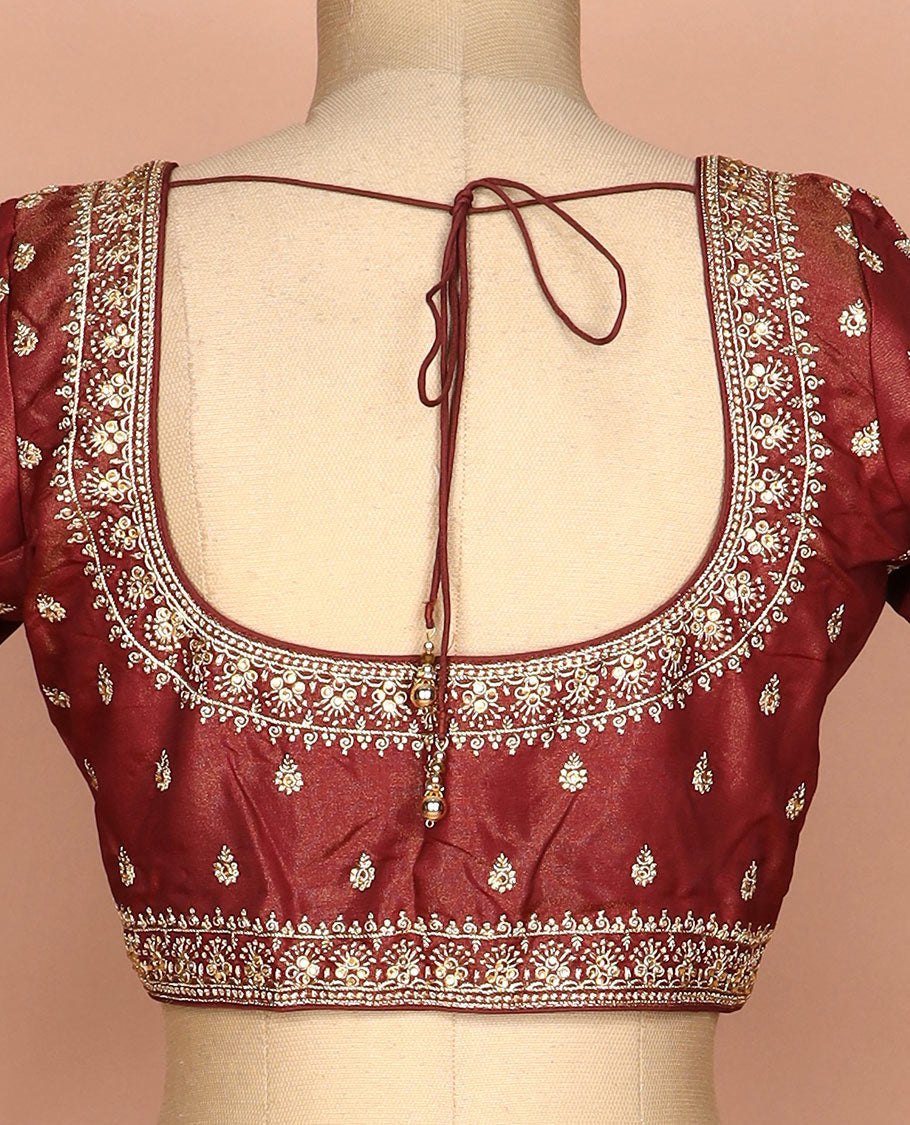 Maroon thread embroidered round neck elbow sleeve raw silk readymade blouse