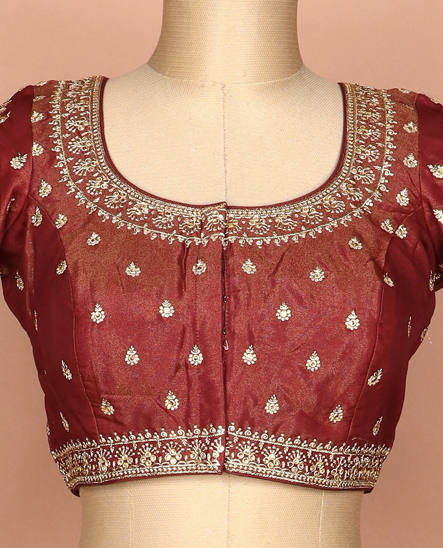Maroon thread embroidered round neck elbow sleeve raw silk readymade blouse