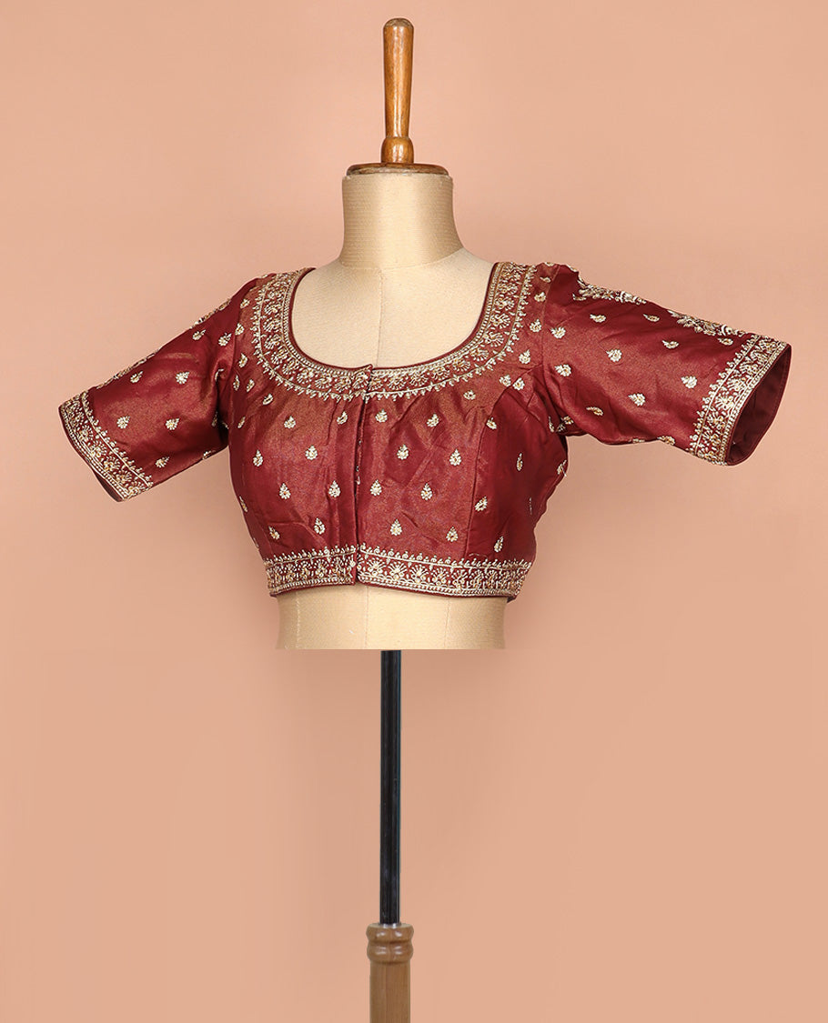 Maroon thread embroidered round neck elbow sleeve raw silk readymade blouse