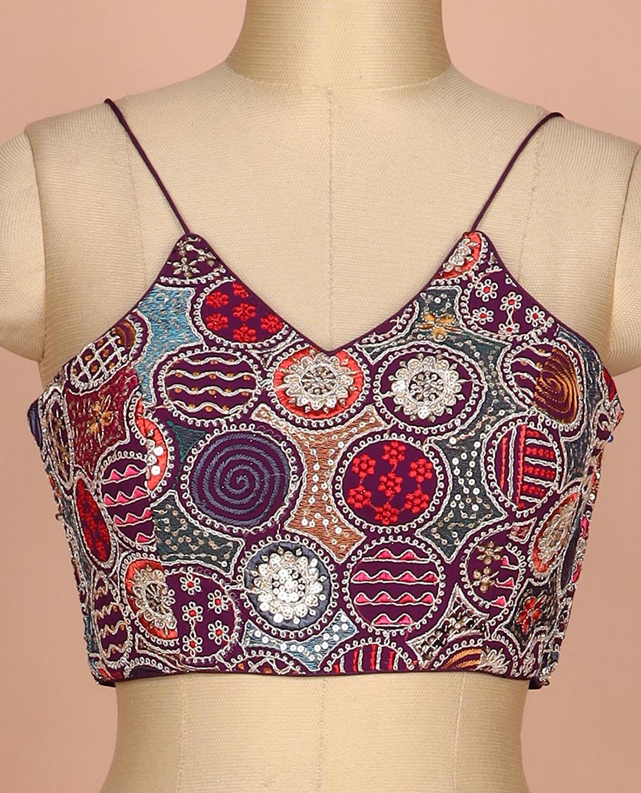 Purple resham thread and sequins embroidered spaghetti sleeve V-neck readymade blouse