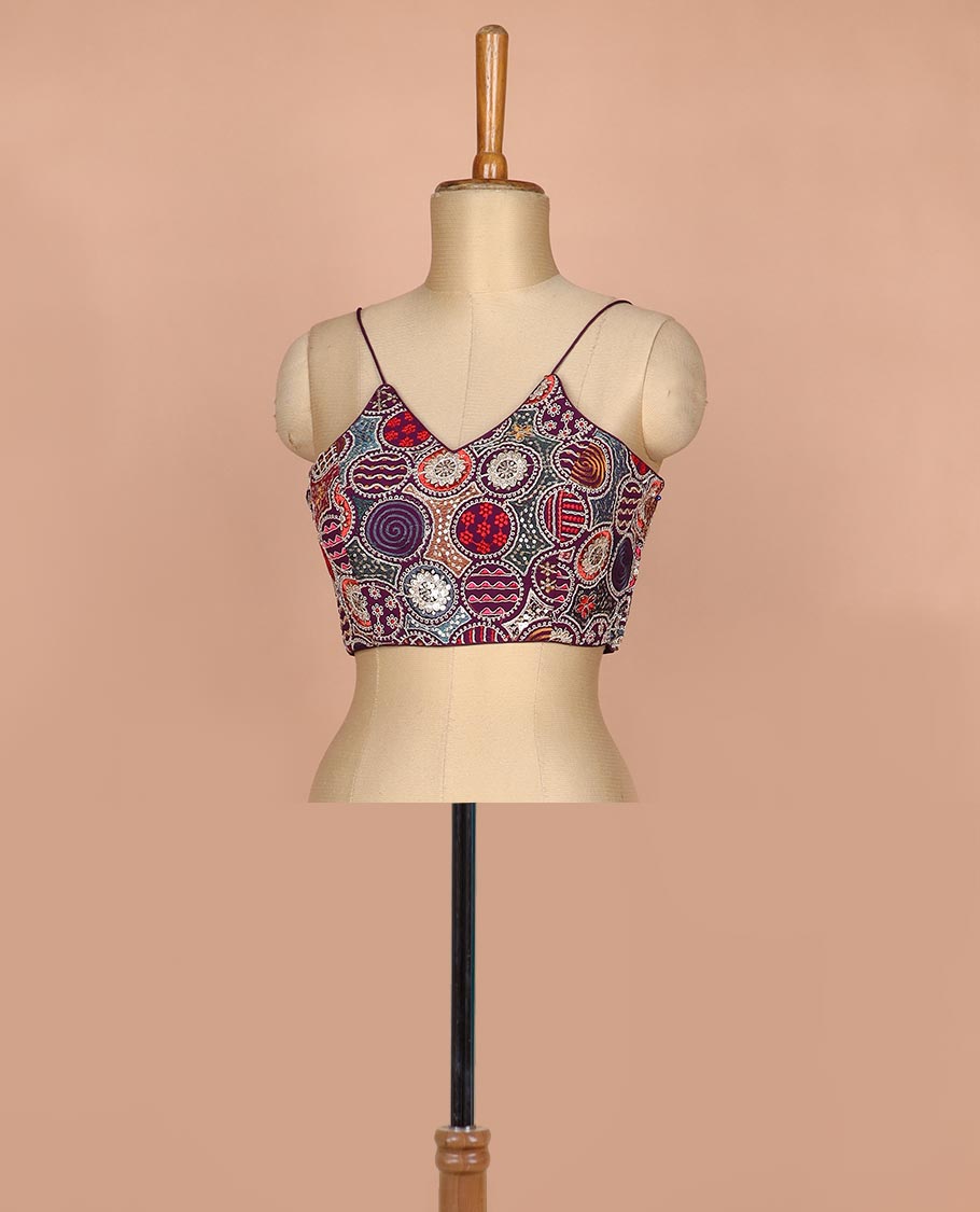 Purple resham thread and sequins embroidered spaghetti sleeve V-neck readymade blouse