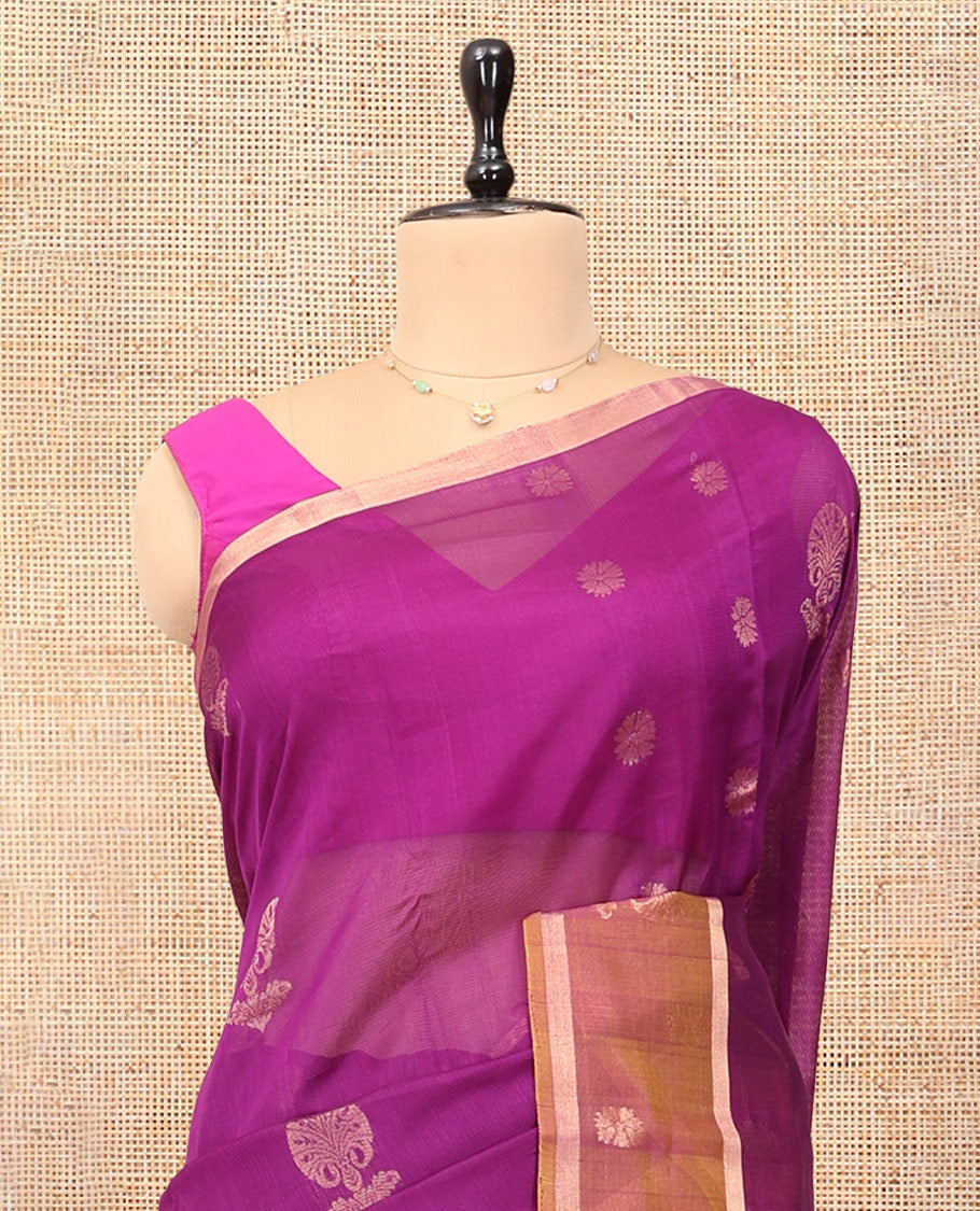 Pink Silk Cotton Saree, Graced with Zari Buttas, a Contrast Zari Motif Border, Grand Pallu, and a Contrast Blouse