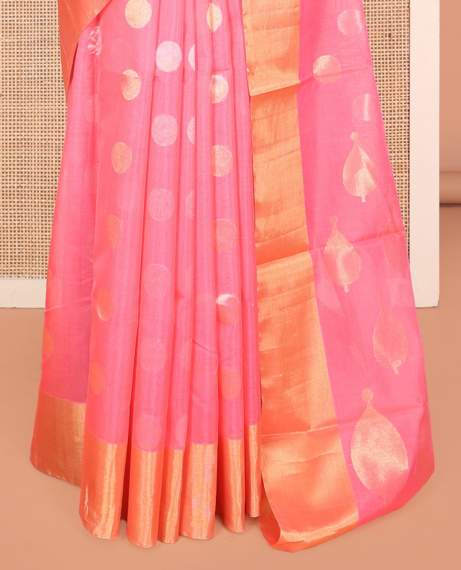Pink Silk Cotton Saree, Prettified with Polka Dot Buttas, a Gleaming Bavanji Border, Pallu of Intricate Designs, and a Matching Blouse