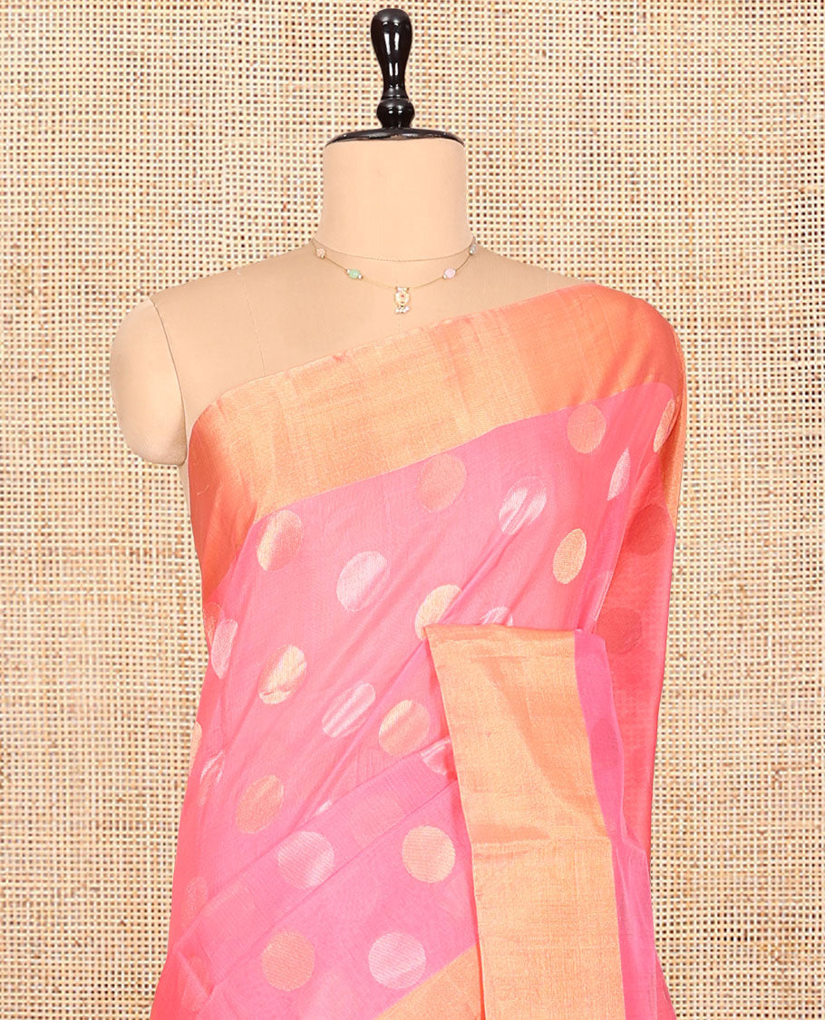 Pink Silk Cotton Saree, Prettified with Polka Dot Buttas, a Gleaming Bavanji Border, Pallu of Intricate Designs, and a Matching Blouse