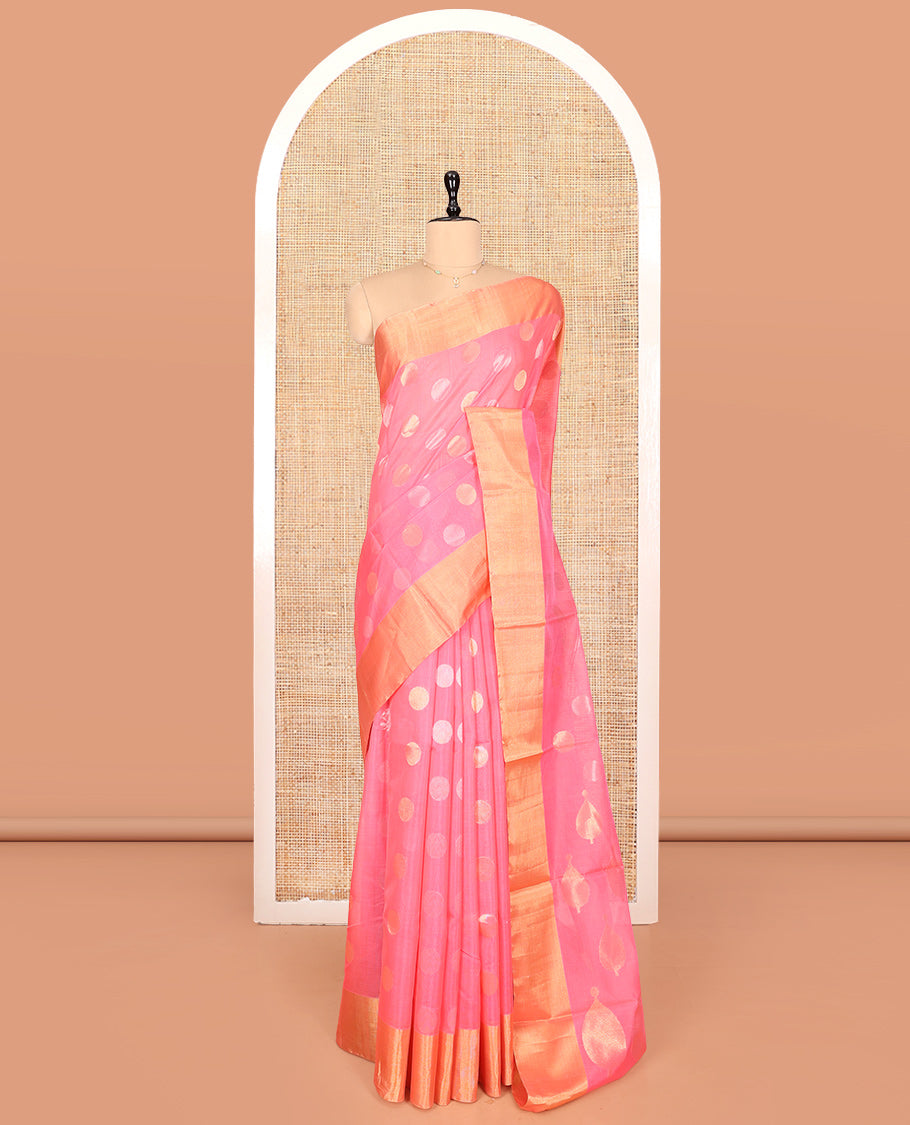 Pink Silk Cotton Saree, Prettified with Polka Dot Buttas, a Gleaming Bavanji Border, Pallu of Intricate Designs, and a Matching Blouse