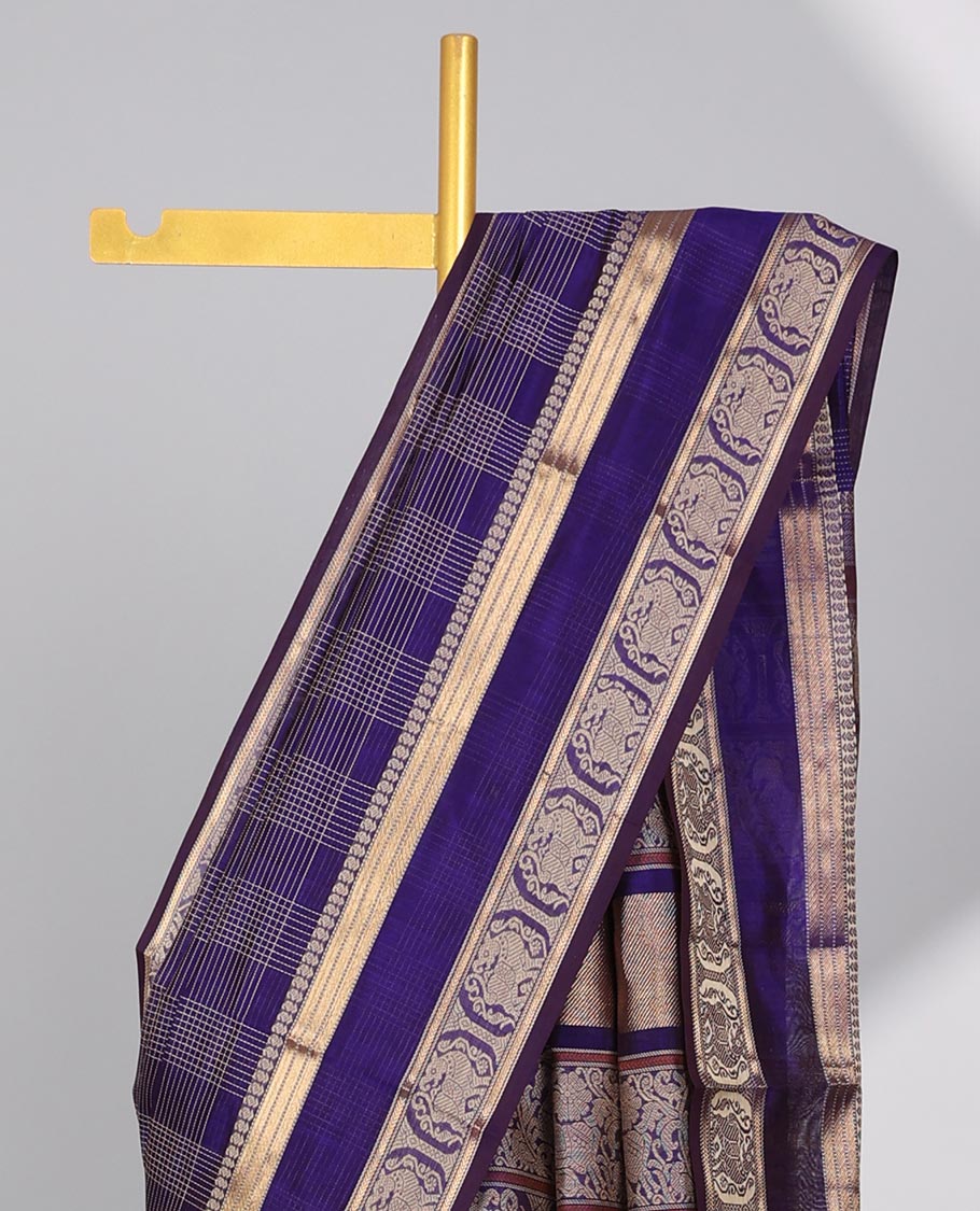 Violet checked cotton silk saree with self zari design border & intricate zari design pallu