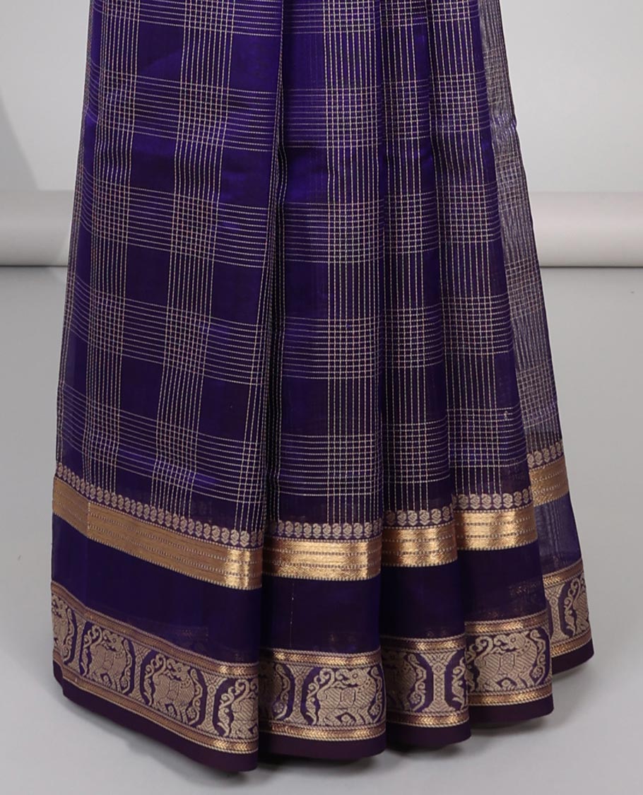 Violet checked cotton silk saree with self zari design border & intricate zari design pallu