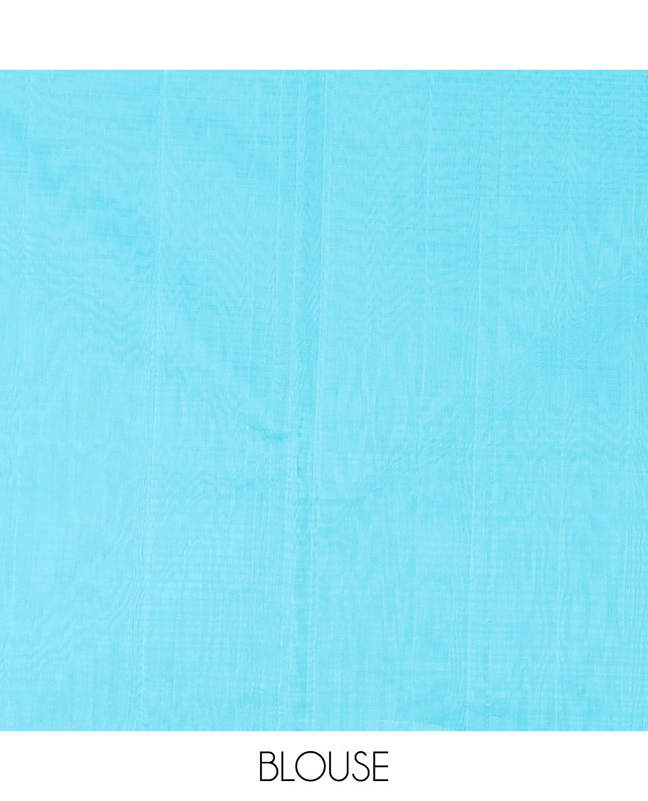 Borderless Blue Silk Cotton Saree Subtly Sparkled with Zari Stripes All Over the Body, Sparsely Woven Pallu of Zari Stripes, and Paired with a Matching Blouse