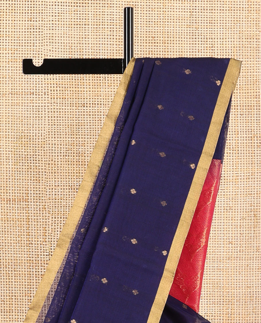 Blue geometric design silk cotton saree with self zari border & intricate zari design pallu