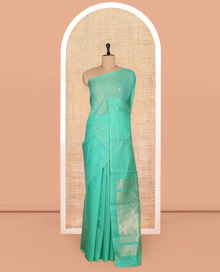 Borderless Turquoise Silk Cotton Saree, Accentuated with Zari Buttas and Stripes, Grand Pallu, and a Matching Blouse