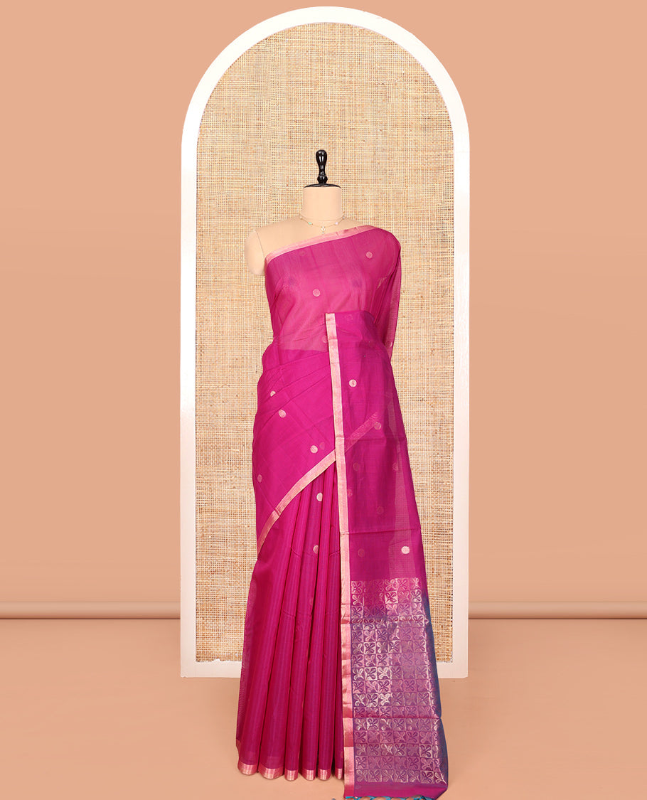Pink Silk Cotton Saree, Woven with Polka-Dot Buttas, Highlighted by Zari Piping Border, Intricately Zari Woven Pallu, and a Matching Blouse