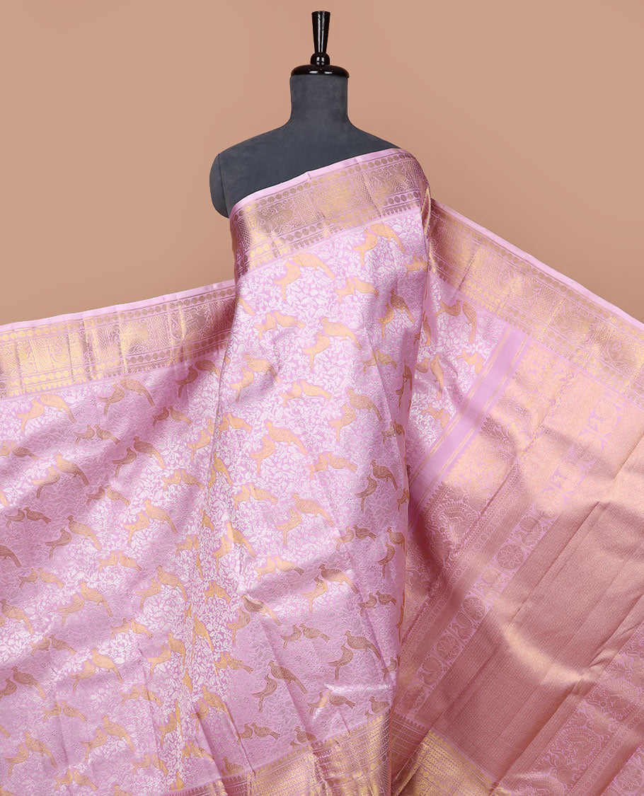 Pink floral & Jodi Pura design silk saree, zari border of thilakam,banaras,mayil kann,poun & yaanai designs & zari-rich intricate pallu